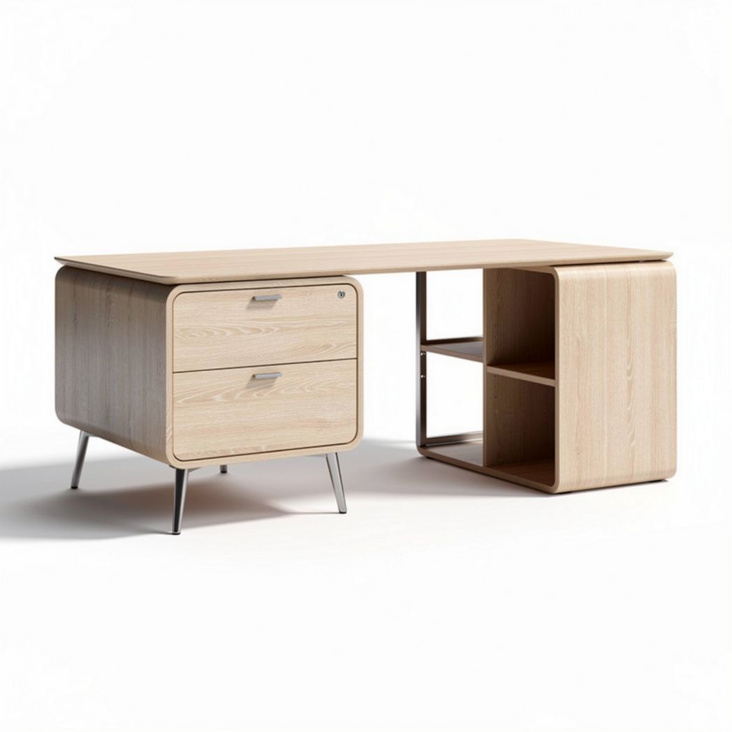 Wooden office desk with storage drawers and open shelving 150 x 75 x 75cm