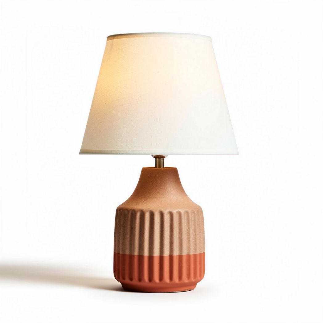 Table lamp with ribbed ceramic base and fabric shade 15 x 15 x 30cm
