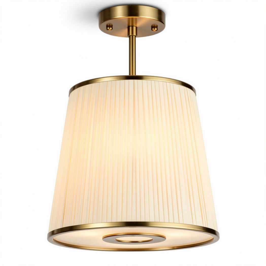 Gold pendant light fixture with pleated fabric shade 30 x 30 x 40cm