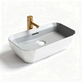 White ceramic rectangular bathroom sink with geometric design and faucet 50 x 30 x 15cm