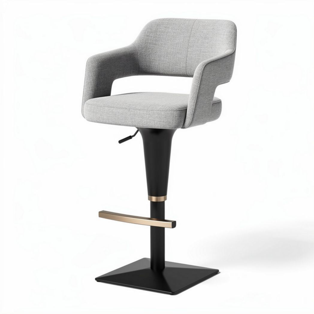 Adjustable gray fabric bar stool with metal base and footrest 45 x 50 x 100cm